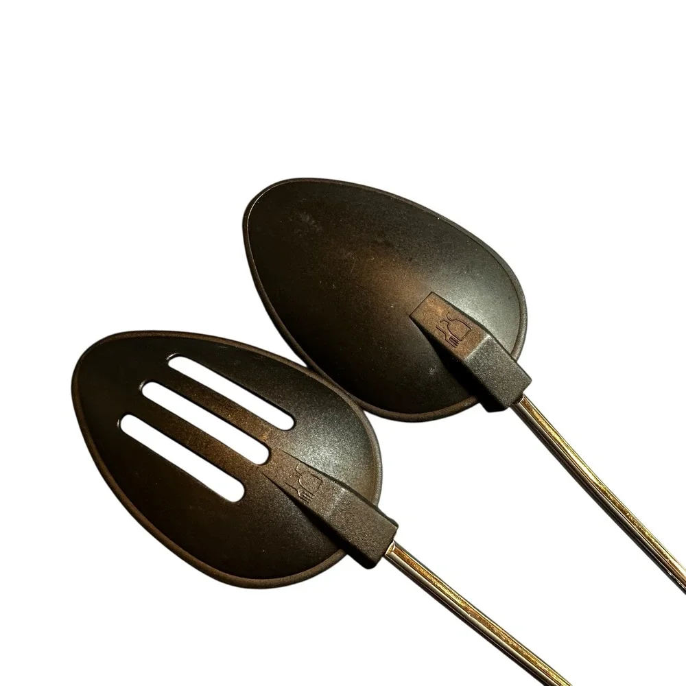 Serving Spoon Set Wood Handle Slotted‎ Solid Nylon Kitchen Utensils Black VTG